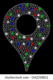Bright mesh map marker with glare effect. White wire carcass triangular mesh in vector format on a black background. Abstract 2d mesh designed with triangular lines, dots, colorful light spots.
