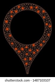 Bright mesh map marker with glow effect. Abstract illuminated model of map marker icon. Shiny wire frame polygonal mesh map marker. Vector abstraction on a black background.