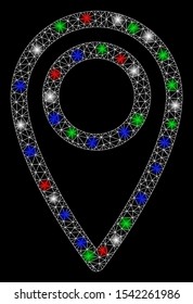 Bright mesh map marker with glow effect. White wire carcass triangular mesh in vector format on a black background. Abstract 2d mesh designed with triangles, small circle, colorful flare spots.