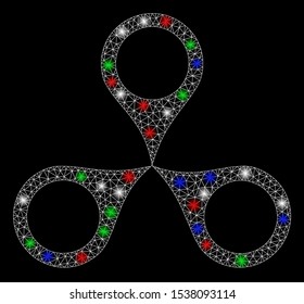 Bright mesh map markers with glare effect. White wire frame triangular mesh in vector format on a black background. Abstract 2d mesh built from triangular lines, spheric points, colorful glare spots.