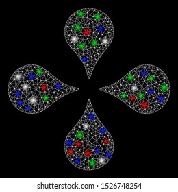 Bright mesh map markers with lightspot effect. White wire carcass triangular mesh in vector format on a black background. Abstract 2d mesh designed with triangular lines, round dots,