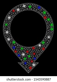 Bright mesh map pointer with glare effect. White wire carcass polygonal mesh in vector format on a black background. Abstract 2d mesh designed with triangles, spheric points, colored glare spots.