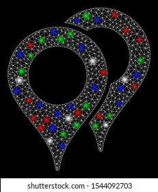 Bright mesh map pointers with lightspot effect. White wire carcass triangular mesh in vector format on a black background. Abstract 2d mesh designed with triangular lines, dots, colored glare spots.