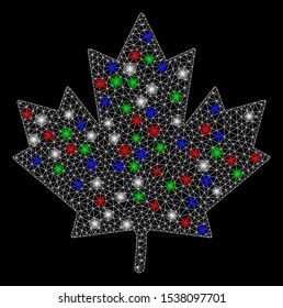 Bright mesh maple leaf with glow effect. White wire carcass polygonal mesh in vector format on a black background. Abstract 2d mesh designed with polygonal grid, spheric points, colored flash spots.