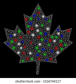 Bright mesh maple leaf with lightspot effect. White wire frame polygonal mesh in vector format on a black background. Abstract 2d mesh designed with polygonal grid, round dots, colorful light spots.