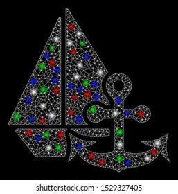 Bright mesh marine with glare effect. White wire frame triangular mesh in vector format on a black background. Abstract 2d mesh built from triangular lines, small circle, colorful glare spots.