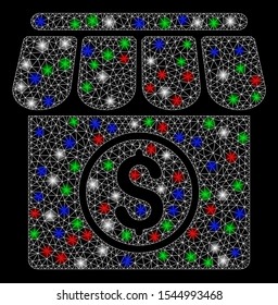 Bright mesh market with glow effect. White wire carcass polygonal mesh in vector format on a black background. Abstract 2d mesh designed with polygonal grid, small circle, colorful light spots.