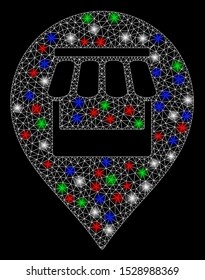 Bright mesh market marker with lightspot effect. White wire carcass triangular mesh in vector format on a black background. Abstract 2d mesh designed with triangular lines, round dots,