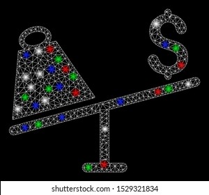 Bright mesh market price swing with glare effect. White wire frame polygonal mesh in vector format on a black background. Abstract 2d mesh designed with polygonal grid, small circle,