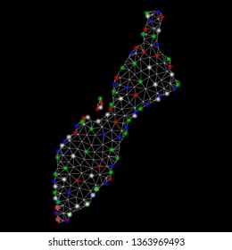 Bright mesh Masirah Island map with glow effect. Wire frame triangular mesh in vector format on a black background. Abstract 2d mesh designed with polygonal grid, dots, colored flare spots.