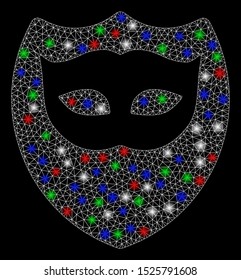 Bright mesh mask shield with glare effect. White wire frame polygonal network in vector format on a black background. Abstract 2d mesh designed with polygonal grid, points, colorful glare spots.