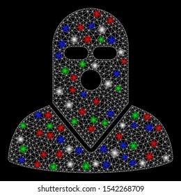 Bright mesh masked killer with glow effect. White wire carcass polygonal mesh in vector format on a black background. Abstract 2d mesh designed with triangles, round dots, colorful flare spots.
