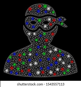 Bright mesh masked thief with glare effect. White wire carcass polygonal mesh in vector format on a black background. Abstract 2d mesh designed with triangular lines, small circle,