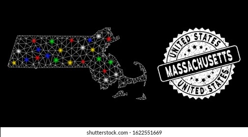 Bright mesh Massachusetts State map with glow effect, and seal. Wire frame polygonal Massachusetts State map mesh in vector format on a black background. White round rubber seal with rubber texture.