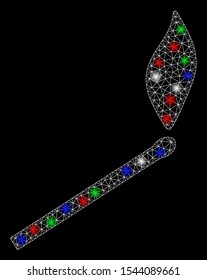 Bright mesh match fire with glow effect. White wire frame triangular mesh in vector format on a black background. Abstract 2d mesh designed with triangular lines, points, colored light spots.