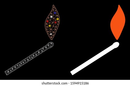 Bright mesh match fire icon with sparkle effect. Abstract illuminated model of match fire. Shiny wire frame polygonal mesh match fire icon. Vector abstraction on a black background.