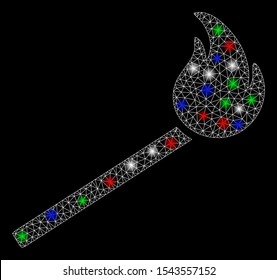 Bright mesh match fire with lightspot effect. White wire carcass polygonal network in vector format on a black background. Abstract 2d mesh designed with polygonal grid, round dots,