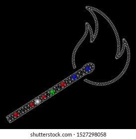 Bright mesh match flame with glare effect. White wire frame triangular mesh in vector format on a black background. Abstract 2d mesh designed with triangles, small circle, colored glare spots.