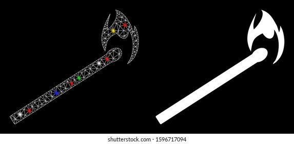 Bright mesh match icon with glitter effect. Abstract illuminated model of match. Shiny wire carcass polygonal mesh match icon. Vector abstraction on a black background.