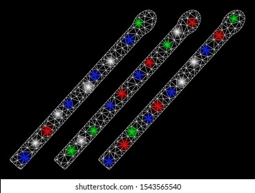 Bright mesh matches with glow effect. White wire carcass triangular mesh in vector format on a black background. Abstract 2d mesh designed with triangular lines, spheric points, colored glare spots.