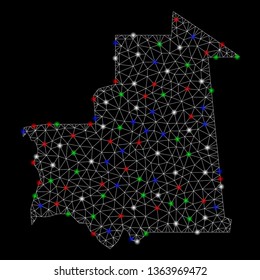 Bright mesh Mauritania map with lightspot effect. Wire frame triangular mesh in vector format on a black background. Abstract 2d mesh designed with triangular lines, spheric points,