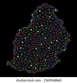 Bright mesh Mauritius Island map with glow effect. Wire carcass polygonal mesh in vector format on a black background. Abstract 2d mesh designed with triangles, round dots, colored glare spots.