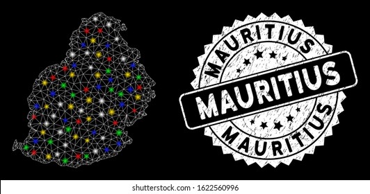 Bright mesh Mauritius Island map with glare effect, and seal. Wire carcass polygonal Mauritius Island map mesh in vector format on a black background. White round seal stamp with rubber texture.