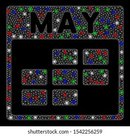Bright mesh May calendar grid with glare effect. White wire carcass triangular mesh in vector format on a black background. Abstract 2d mesh designed with polygonal grid, small circle,