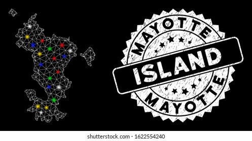 Bright mesh Mayotte Island map with lightspot effect, and seal stamp. Wire frame polygonal Mayotte Island map mesh in vector format on a black background.