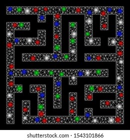Bright mesh maze with lightspot effect. White wire frame triangular mesh in vector format on a black background. Abstract 2d mesh designed with triangular lines, points, colorful light spots.