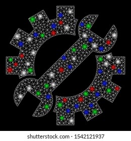 Bright mesh mechanic tools with glow effect. White wire frame polygonal mesh in vector format on a black background. Abstract 2d mesh designed with triangles, round dots, colored glare spots.