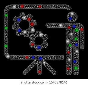 Bright mesh mechanical gears project board with glow effect. White wire frame triangular mesh in vector format on a black background. Abstract 2d mesh designed with triangular lines, points,