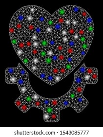 Bright mesh mechanical heart with glow effect. White wire carcass triangular mesh in vector format on a black background. Abstract 2d mesh designed with triangular lines, points, colorful glare spots.