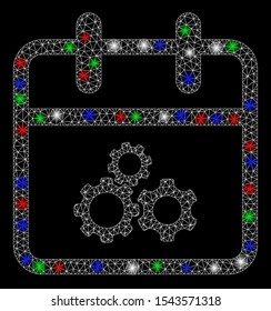 Bright mesh mechanics day with glare effect. White wire carcass triangular network in vector format on a black background. Abstract 2d mesh designed with polygonal grid, dots, colorful glare spots.