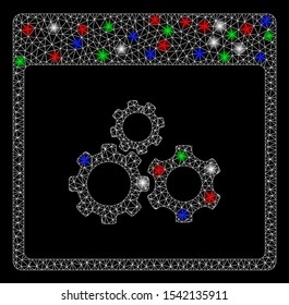 Bright mesh mechanics gears calendar page with glow effect. White wire frame polygonal mesh in vector format on a black background. Abstract 2d mesh designed with polygonal grid, dots,