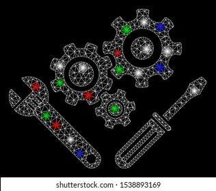Bright mesh mechanics tools with lightspot effect. White wire frame triangular mesh in vector format on a black background. Abstract 2d mesh designed with triangular lines, spheric points,