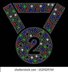 Bright mesh medal second with lightspot effect. White wire frame triangular network in vector format on a black background. Abstract 2d mesh designed with triangular lines, dots, colored flare spots.