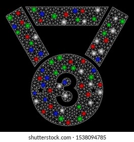 Bright mesh medal third with glare effect. White wire frame polygonal mesh in vector format on a black background. Abstract 2d mesh designed with polygonal grid, points, colorful glare spots.