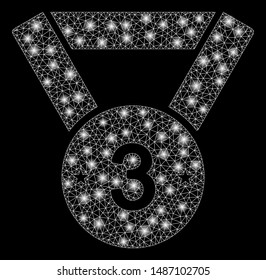 Bright mesh medal third with glitter effect. Abstract illuminated model of medal third icon. Shiny wire frame triangular mesh medal third. Vector abstraction on a black background.