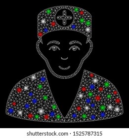 Bright mesh medic with glow effect. White wire frame triangular mesh in vector format on a black background. Abstract 2d mesh designed with polygonal grid, points, colored glare spots.