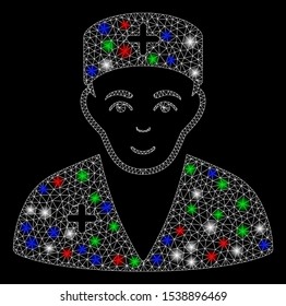Bright mesh medic with glow effect. White wire frame triangular mesh in vector format on a black background. Abstract 2d mesh built from triangular lines, points, colorful glare spots.
