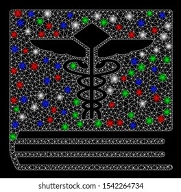 Bright mesh medical book with glare effect. White wire frame polygonal mesh in vector format on a black background. Abstract 2d mesh designed with polygonal grid, points, colorful flare spots.