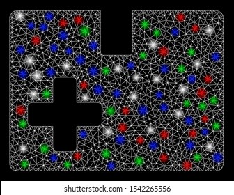 Bright mesh medical box with lightspot effect. White wire carcass polygonal mesh in vector format on a black background. Abstract 2d mesh designed with polygonal grid, small circle,