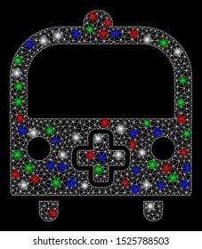 Bright mesh medical bus with glare effect. White wire frame polygonal mesh in vector format on a black background. Abstract 2d mesh designed with polygonal grid, dots, colorful flare spots.