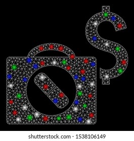Bright mesh medical business with glare effect. White wire carcass polygonal mesh in vector format on a black background. Abstract 2d mesh designed with polygonal grid, dots, colored glare spots.
