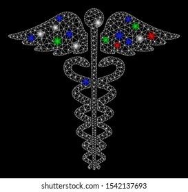 Bright mesh medical caduceus emblem with lightspot effect. White wire frame polygonal mesh in vector format on a black background. Abstract 2d mesh designed with triangular lines, spheric points,
