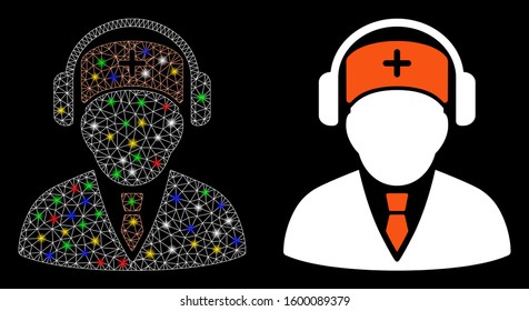 Bright mesh medical call center icon with glare effect. Abstract illuminated model of medical call center. Shiny wire frame polygonal mesh medical call center icon.
