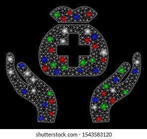 Bright mesh medical fund care hands with glow effect. White wire carcass polygonal mesh in vector format on a black background. Abstract 2d mesh designed with polygonal grid, spheric points,