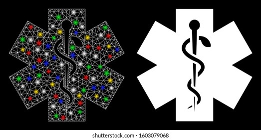 Bright mesh medical icon with sparkle effect. Abstract illuminated model of medical. Shiny wire frame triangular mesh medical icon. Vector abstraction on a black background.