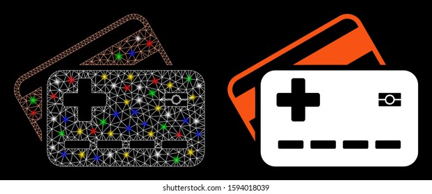 Bright mesh medical insurance cards icon with glow effect. Abstract illuminated model of medical insurance cards. Shiny wire carcass polygonal mesh medical insurance cards icon.